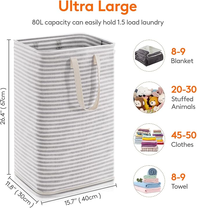 Lifewit 1 Pack Laundry Basket 80L Each, Collapsible Clothes Hamper with Reinforced Handles, Freestanding Waterproof Design for Bedroom and Laundry Room, Grey 80L Total - Image 3