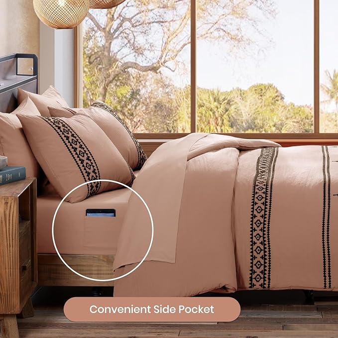 MaiRêve Embroidery Comforter Set, Boho Farmhouse Western Bedding Set, All Season Bed in A Bag Comforter Set with Sheets, Pillowcases & Shams, Dusty Pink King 7 Pieces