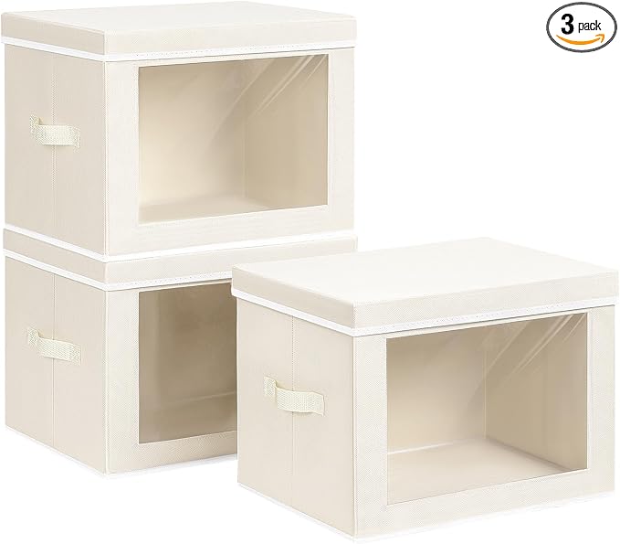Homsorout Large Storage Baskets Bins with Lids - Stackable Cube Bins for Closet, 3 Pack Beige Windows Organizer Bins, Home Organizers and Storage for Clothes, CD, Towels by Homsorout