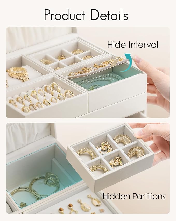 VLANDO 4 Layers Jewelry Box - Women Jewelry Box with Retractable Tray - Jewelry Organizer with Drawer for Necklaces, Rings, Bracelets, Earrings, Valentines Gift for Mom Girls - Cloud White - Image 5