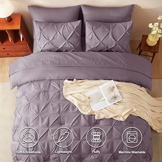 CozyLux King Size Comforter Set Grayish Purple, 7 Pieces Bed in A Bag Purple Comforter King Size, Pinch Pleat Bedding Set with All Season Comforter, Sheets, Pillowcases & Shams