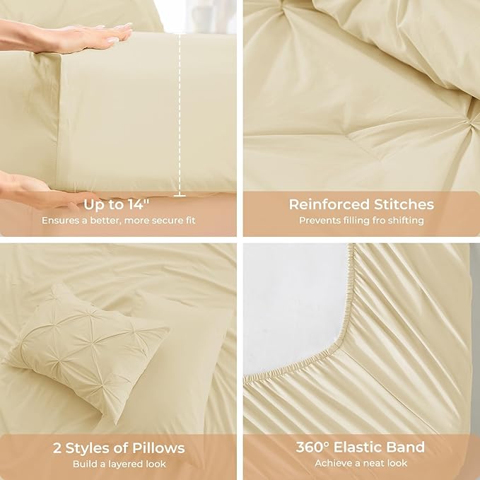 Sasttie Queen Comforter Set, 7-Piece Bed in a Bag, Pintuck Bedding Sets for All Season, Includes Comforter, Flat Sheet, Fitted Sheet, Pillowcases and Pillowshams, Pale Yellow
