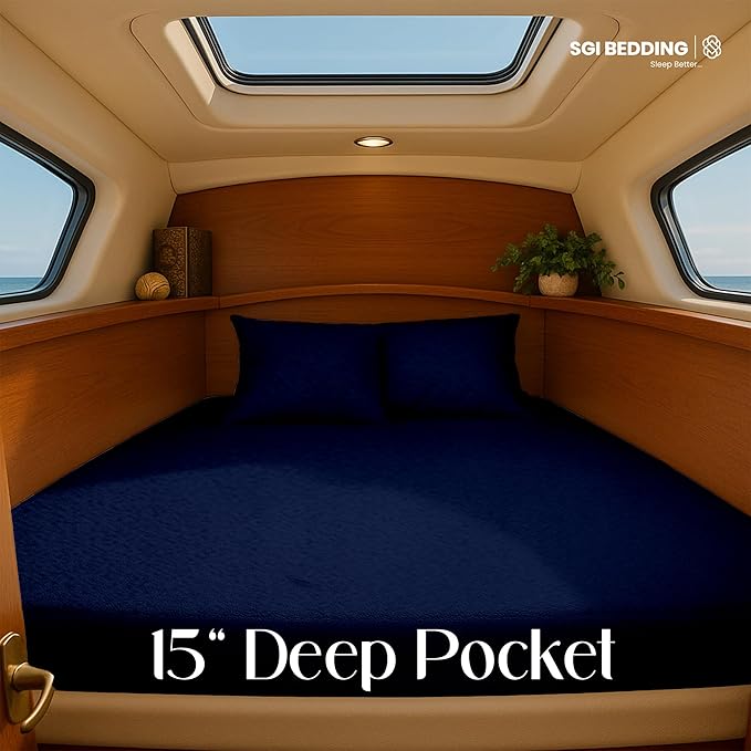 SGI Bedding Waterproof V Berth Mattress Protector 88" Head x 82” Length x 20" Foot – 15" Deep Pocket, 360° Fitted Style Mattress Pad Cover, Soft Noiseless & Breathable Cover for Boat – Navy Blue
