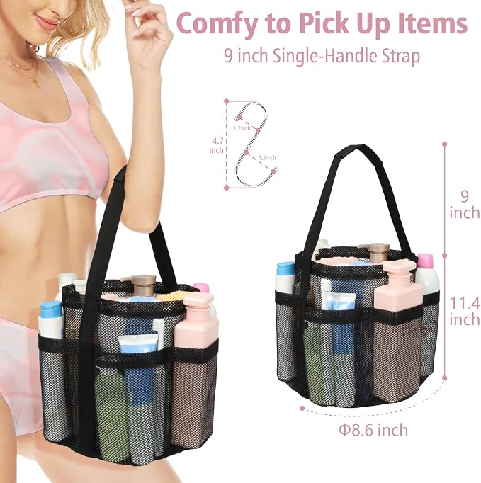 F-color Mesh Shower Caddy Portable, Large Capacity Shower Bag Basket Tote for College Dorm Room Toiletry Gym Rv Essentials, Bathroom Caddy Bag with S Hook, Black - Image 4