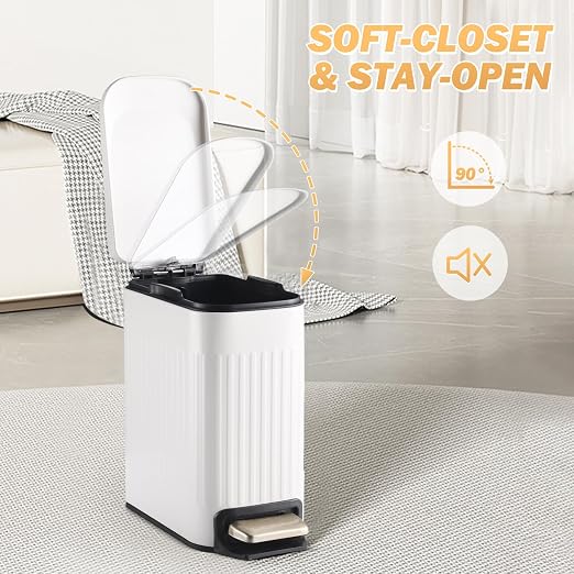 SYNCVIBE Slim Bathroom Trash Can with Lid Soft Close, Stainless Steel Garbage Can Step Trash Bin with Removable Inner Bucket for Bedroom, Office, Kitchen (Matt White, 1.8 Gallons) - Image 5