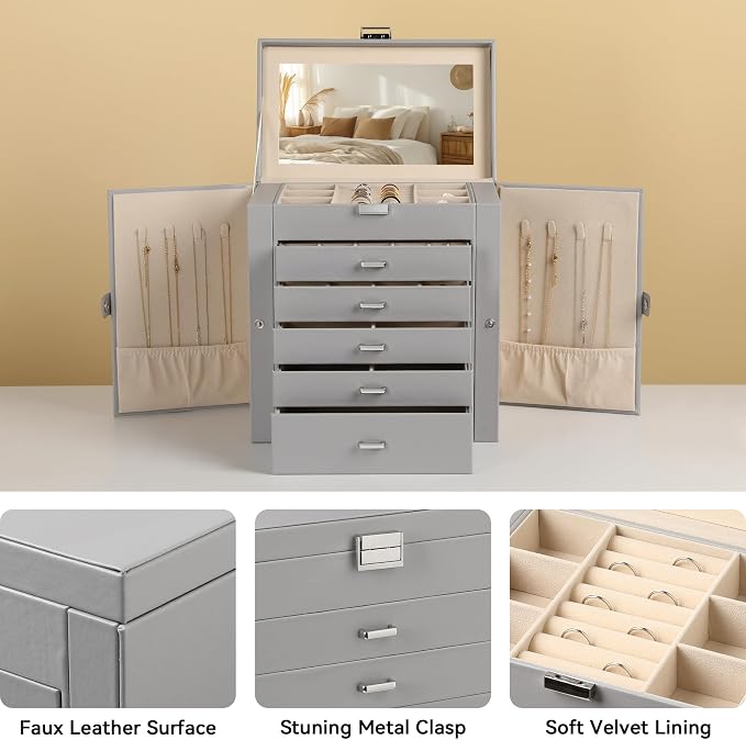 Frebeauty Large Jewelry Box,6-Tier PU Leather Jewelry Organizer,Multi-functional Storage Case with Mirror,Accessories Holder with 5 Drawers for Necklace Bracelets Watches(Grey) - Image 4