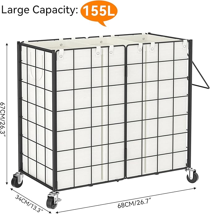 WOWLIVE Laundry Hamper with Wheels,Metal Wire Frame Rolling Laundry Basket 3 Section with Removable bags,150L Dirty Clothes Hamper Organizer Dorm Room Storage for Bedroom,Bathroom,Black and White - Image 4