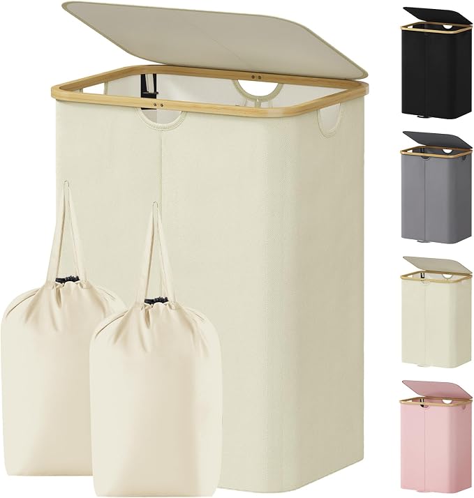 Lifewit 150L Double Laundry Hamper with Lid, Large Laundry Basket with Removable Bag & Bamboo Handles, Fodable Tall Dirty Clothes Hamper for Laundry Collapsible Bin for Bathroom Bedroom Dorm, Beige by Lifewit