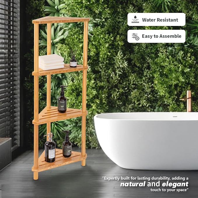 GUGIGP 4-Tier Corner Shower Caddy Stand Bamboo,Standing Corner Shower Shelf,Shower Organizer,Shower Storage Shlves,Waterproof & Durable,Space-Saving Design for Bathroom Kitchen or Living Room - Image 5