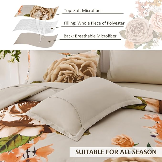 Drucon Brown Floral Comforter Set King, 7 Pieces Bed in a Bag Botanical Floral Comforter Soft Microfiber Brown Bedding Set King Size Bed with Sheet and Pillowcase
