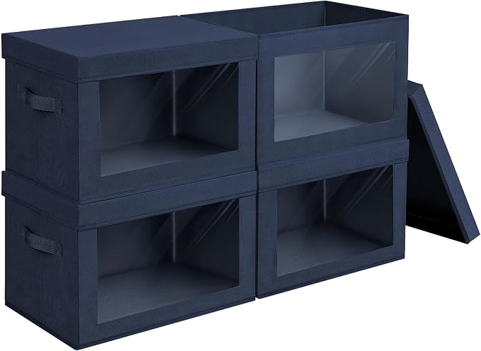 Homsorout Stackable Storage Bins with Lids - Large Storage Box with Lids, Foldable Closet Boxes for Organizing, Wardrobe Clothes Organizer with Window, Cubes Bins for Living Room, 4 Pack, Navy Blue by Homsorout