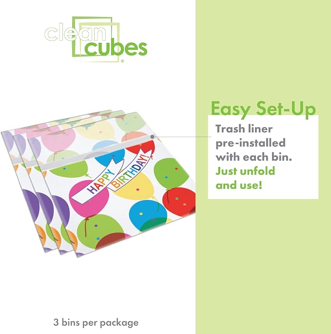 Clean Cubes 13 Gallon Disposable Pop-Up Trash Cans (3-Pack) with Fitted Bags – Foldable Garbage & Recycling Bins for Parties, Events & Kitchen (Birthday, 17" H x 13.5" W x 10" D) - Image 3
