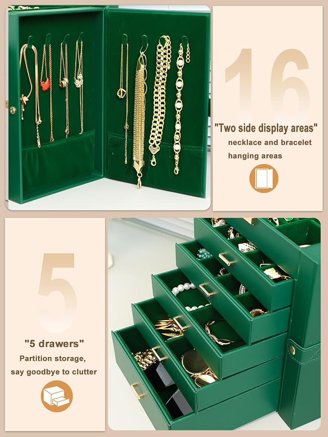 BOOVO Jewelry Box For women, 6 Layer Large Jewelry Organizer With Mirror, Multi-Function Storage Box With Lock, Necklace Holder With 5 Drawers, For Earrings Necklace Bracelet (Green and Gold) - Image 3