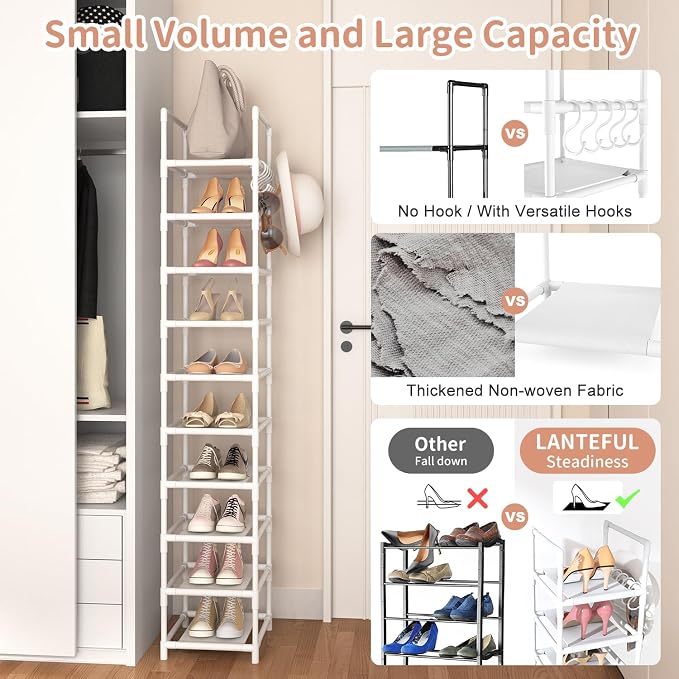 LANTEFUL Tall Narrow Shoe Rack 10-Tier Skinny Shoe Shelf Storage for 10-15 Pairs Shoes and Boots, Space Saving Corner Shoe Rack Organizer for Closet, Entryway, Garage, Living Room,White - Image 6