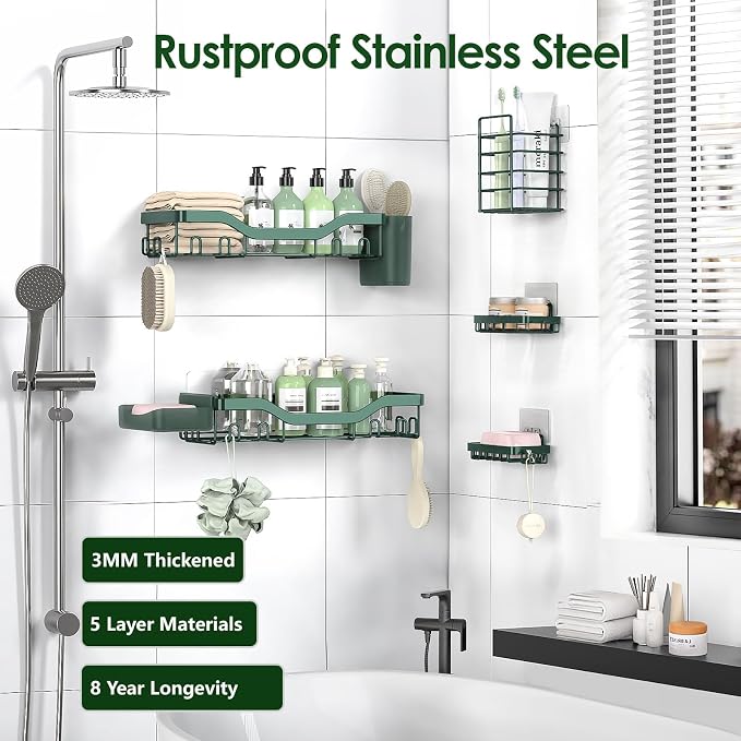 NESOMI Shower Caddy Adhesive Shower Organizer 7-Pack, Rustproof Stainless Steel Bathroom Shelves, Large Capacity No-Drill Rack Storage Accessories with Soap Dish Toothbrush Holder Hooks - Image 5