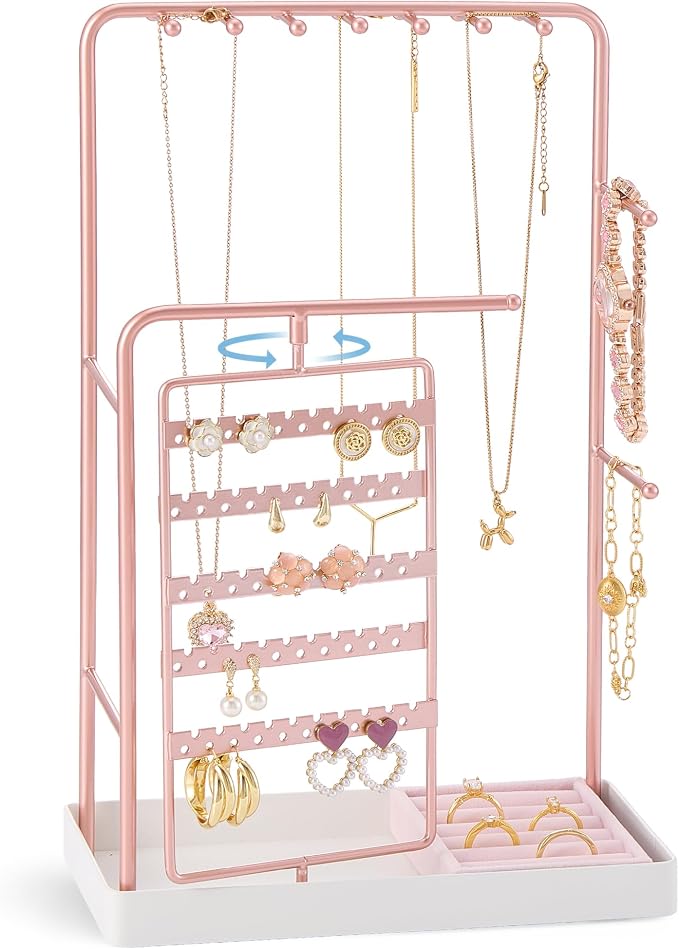 ProCase Jewelry Stand Holder Organizer, Jewelry Display Storage with Ring Tray, Rotating Earring Bracelet Necklace Holder, Valentine's Gifts Room Dorm Decor for Teen Girls -Rosegold (No-Assembly) by ProCase
