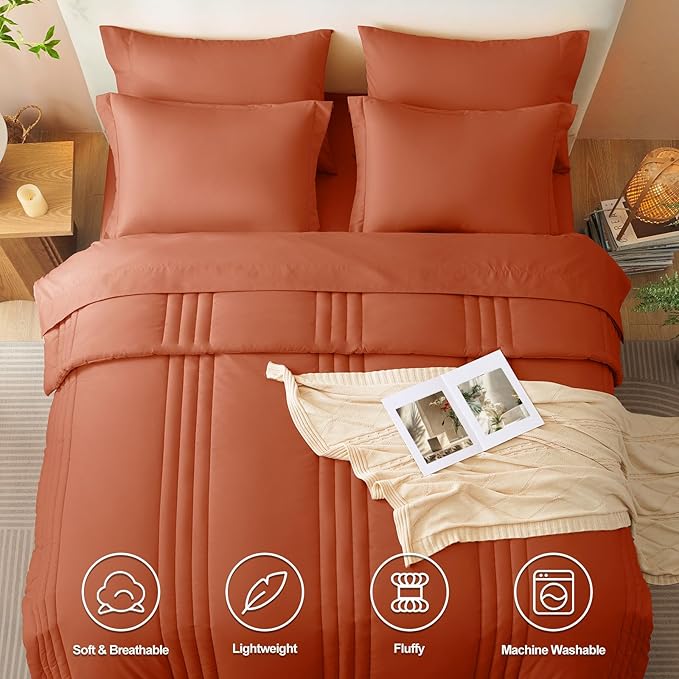 CozyLux Queen Size Comforter Sets - 7 Piece Bed in a Bag Terracotta Comforter Set with Sheets Queen Bed Set All Seasons, Bedding Set with Down Alternative Comforter, Sheets, Pillowcases & Shams