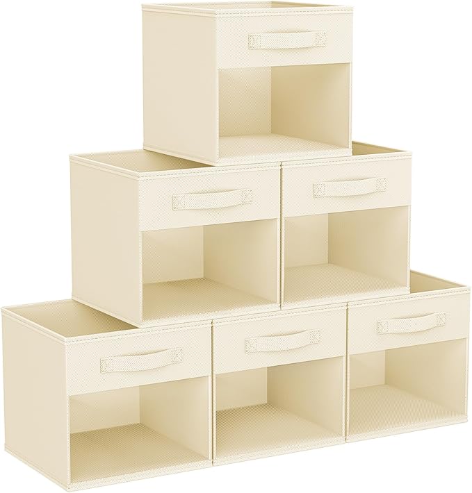 DIMJ Cube Storage Bin, 6 Packs Collapsible Storage Bins with Handles, Fabric Bins for Organization, Cube Storage Organizer Bins for Closet Organization and Storage, Beige by DiMJ