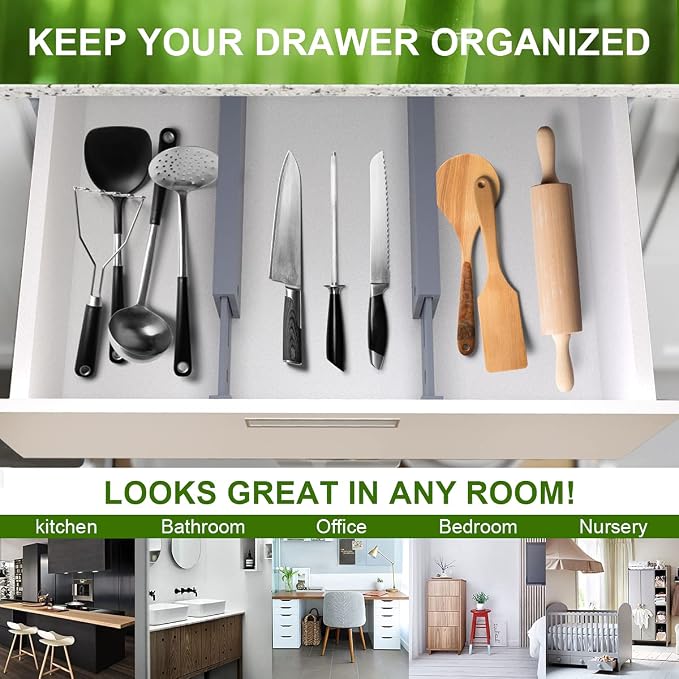 ANTOWIN Bamboo Drawer Dividers Organizers, Expandable Drawer Separators Splitter,17-22 inches Long Adjustable Spring-loaded Organizer for Large Utensil, Clothes, Tools Drawers (Grey) - Image 6