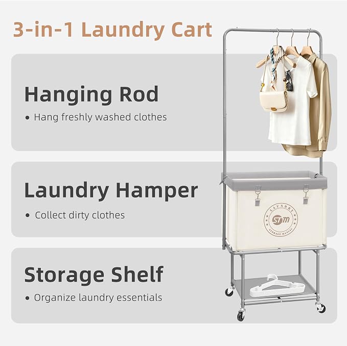 STORAGE MANIAC Rolling Laundry Cart with Hanging Bar & Storage Shelf, 110L Heavy Duty Large Laundry Basket with Clothes Hanging Rod, Study Clothes Hamper with Lockable Wheels, Beige - Image 2
