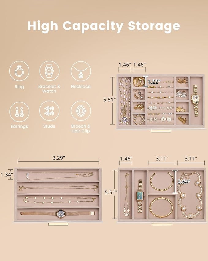Lolalet Jewelry Box Organizer, 3-Layer Jewelry Organizers and Storage Case with Glass Lid, Ring Earring Bracelet Necklace Holder Organizer, Mothers Day Gifts for Mom, Women Girls -3Layer, Beige - Image 5