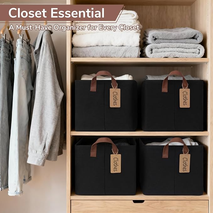 CHICVITA 4 Pack Large Storage Baskets for Shelves, Collapsible Shelf Baskets for Organizing, Fabric Closet Organizers and Storage Bins with Metal Frame, 16.8" x 11" x 9.8", Black - Image 2