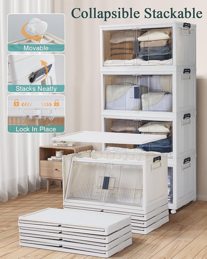 OlarHike 97QT Stackable Storage Bins with Lids - Folding Storage Box with Doors and Wheels, Collapsible Plastic Storage Drawers for Closets and Organization, Garage, Office, Cabinet, 4 Pack Cubes - Image 3