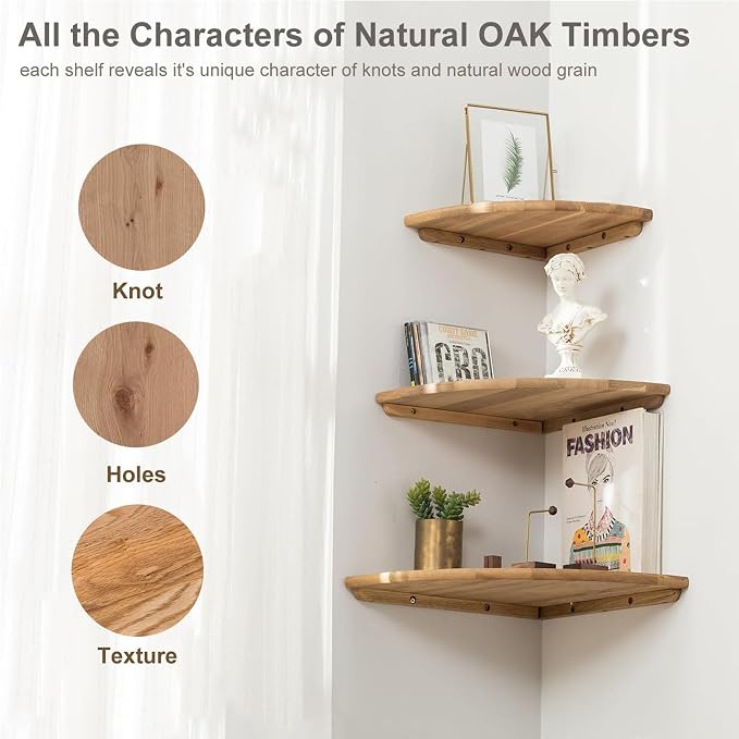 Corner Shelf, Solid Oak Wood Floating Corner Shelf Wall Mount Round End Floating Speaker Shelves with Wire Hole for Small Plant Photo for Bedroom Kitchen, Living Room - Image 6