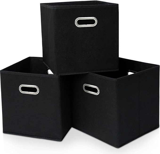 Black Fabric Cubby Storage Bins，13x13x13 Inches ，Cube Organizer Bin Foldable Storage Boxes with Dual Handles Fabric Organizer Box and collapsible Storage basket，Set of 3 ，Black by Yunkeeper