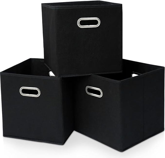 Black Fabric Cubby Storage Bins???13x13x13 Inches ???Cube Organizer Bin Foldable Storage Boxes with Dual Handles Fabric Organizer Box and collapsible Storage basket???Set of 3 ???Black by Yunkeeper