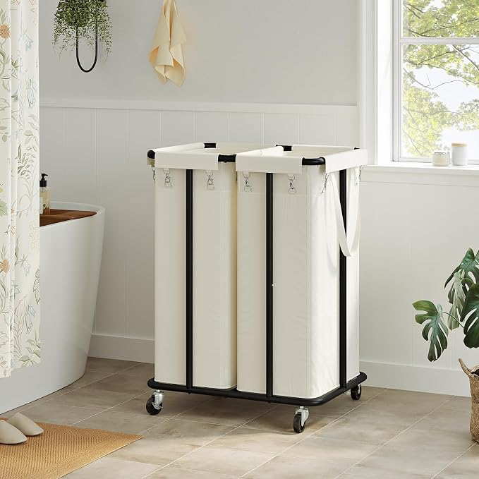 WOWLIVE Double Laundry Hamper with Wheels 170L Rolling Laundry Basket Organizer Laundry Cart with Steel Frame and Removable Bags Large Dirty Clothes Hamper Dorm Room Storage for Bedroom (Beige) - Image 3