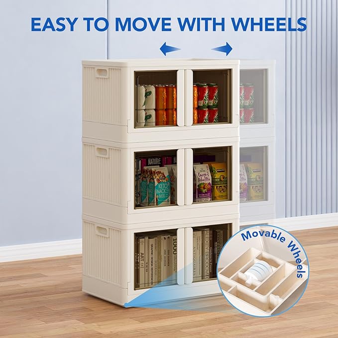 FLEXIMOUNTS 152 QT Stackable Storage Bins With Lids, Collapsible Plastic Storage Bins, Closet Organizers and Containers with Doors and Built-in Wheels For Home, 2 Pack Cubes, Milky White - Image 6