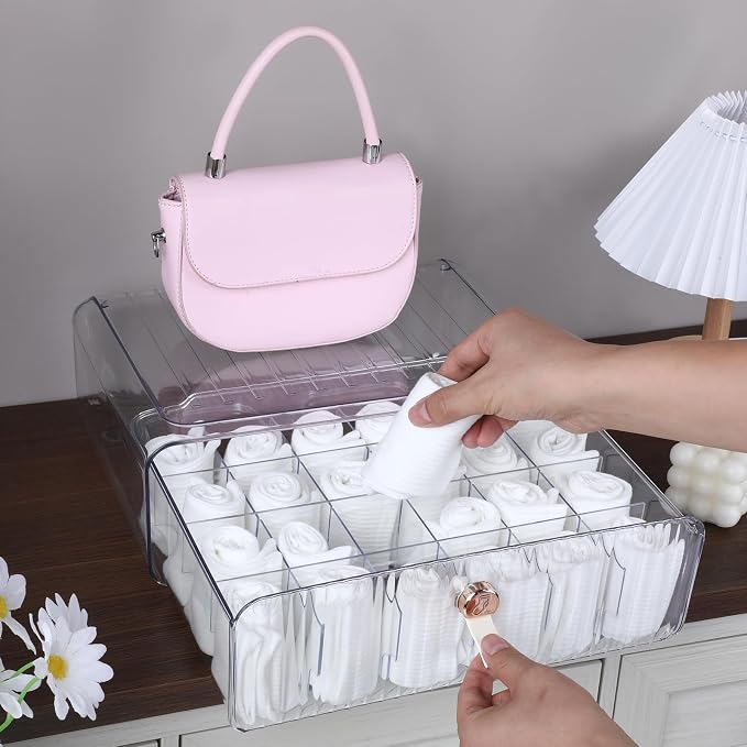 Dimeho 24 Cell Plastic Sock Organizer Underwear Drawer Organizer Acrylic Stackable Storage Drawer Underwear Storage Box with Dividers for Panties Closet Bra Baby Clothes Belts Ties Scarf - Image 7