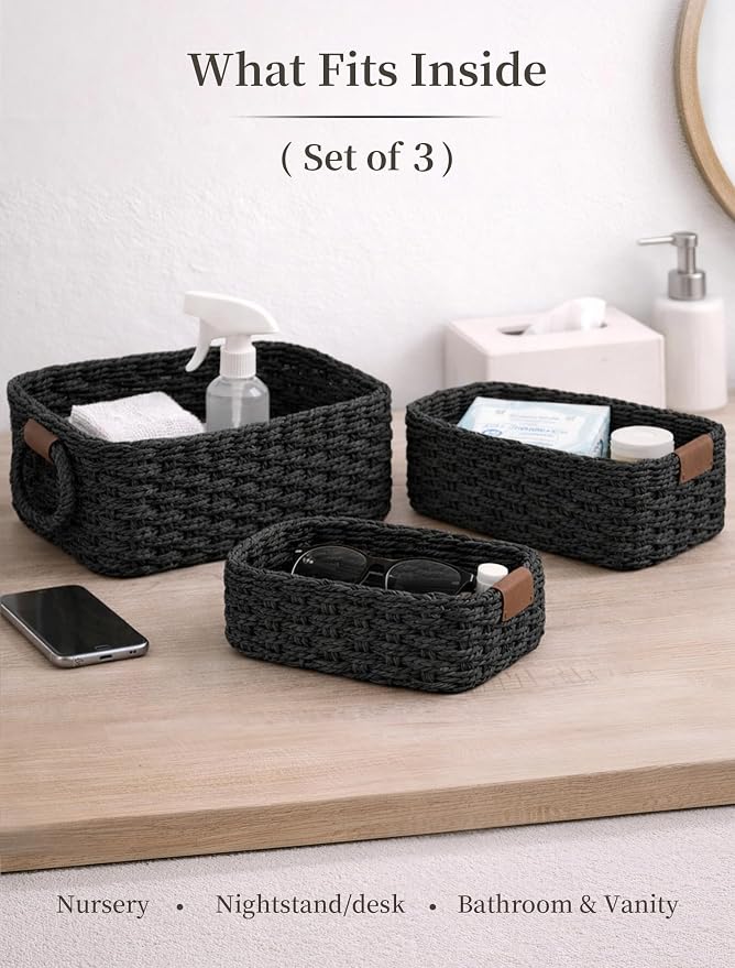 Storage Basket, Recycled Paper Rope Bathroom Basket Organizer, 3Pcs Small Baskets for Organizing, Mini wicker Basket for Decorative Storage Bins, Shelves, Bathroom, Cabinet - Black - Image 3