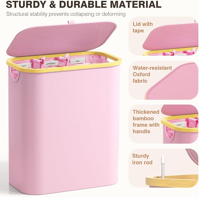 Hampers for Laundry Basket with Lid, 160L Extra Large 3 Section Clothes Divided Organizer for Bedroom, Laundry Room, Dirty Clothing Hamper, Pink - Image 4