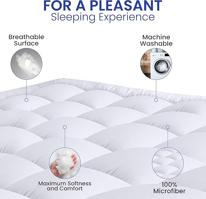 Utopia Bedding Queen Mattress Pad, Quilted Fitted Premium Mattress Protector, Deep Pocket Cover Stretches up to 16 Inches, Fluffy Pillow Topper (60x80 Inches, White)