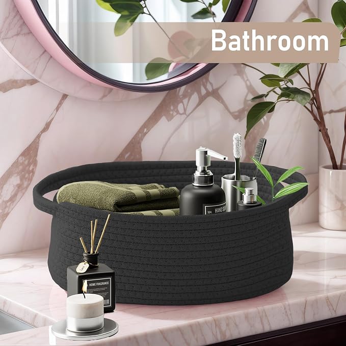 JMvicyroam Woven Basket,Small Rope Storage Bin with Handles & Ribbon Bag, Organizer for Shelves Closets,Gift Basket Empty for Birthday,Books,Dog Toys, Black/3 Pack - Image 8