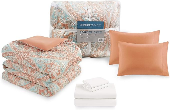 Comfort Spaces Bed in A Bag - Trendy Casual Design Cozy Comforter with Complete Sheet Set with Side Pocket, All Season Cover, Matching Shams, Queen(90"x90"), Gloria, Damask Coral 9 Piece