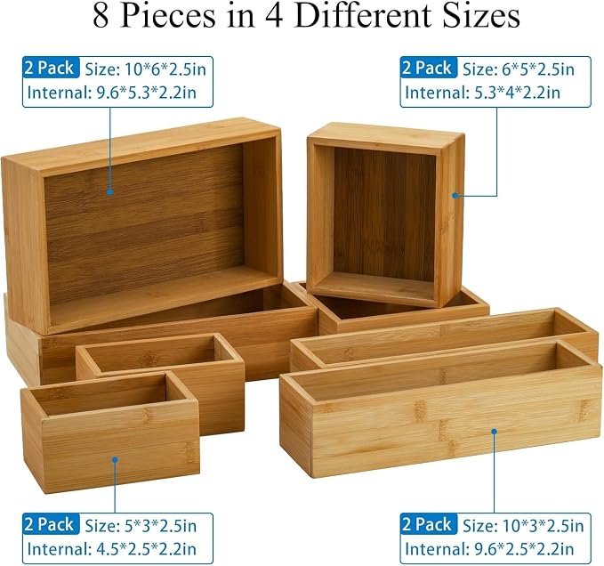 Lawei 8 Pieces Bamboo Drawer Organizer Boxes, Stackable Drawer Organizer Storage Tray 4-Size, Versatile Dividers Cutlery Holders Bins Containers for Kitchen, Bathroom, Office Desk, Makeup, Jewelry - Image 2