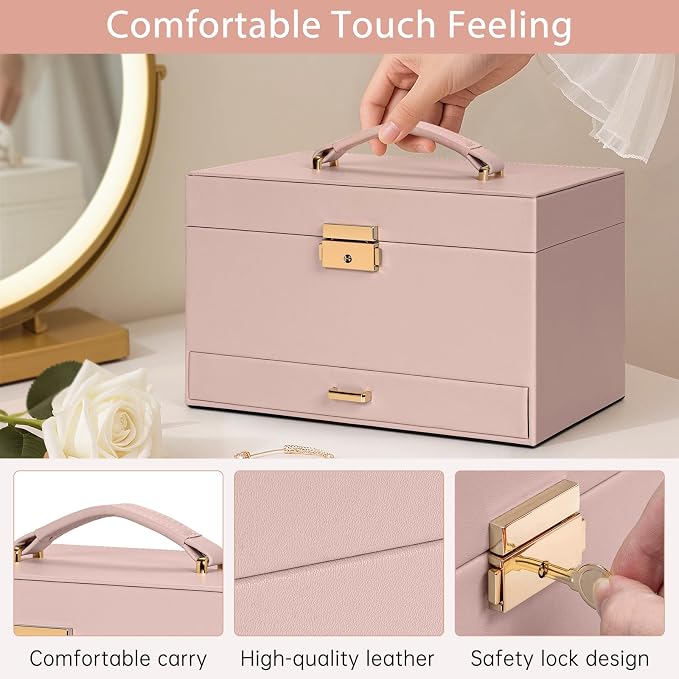 AKOZLIN Travel Jewelry Box Organizer Functional 2-trays Leather Jewelry Storage Case with Lockable Portable Drawer for Women Girls Ring Necklace Earring Bracelet - Image 5