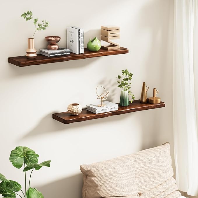 Floating Shelves for Wall Rustic Farmhouse 36 Inch Floating Shelf Bathroom Wooden Shelves for Wall Mounted Live Edge Pine Shelf with Unique Natural Grain for Living Room Bedroom Kitchen (Walnut) - Image 2