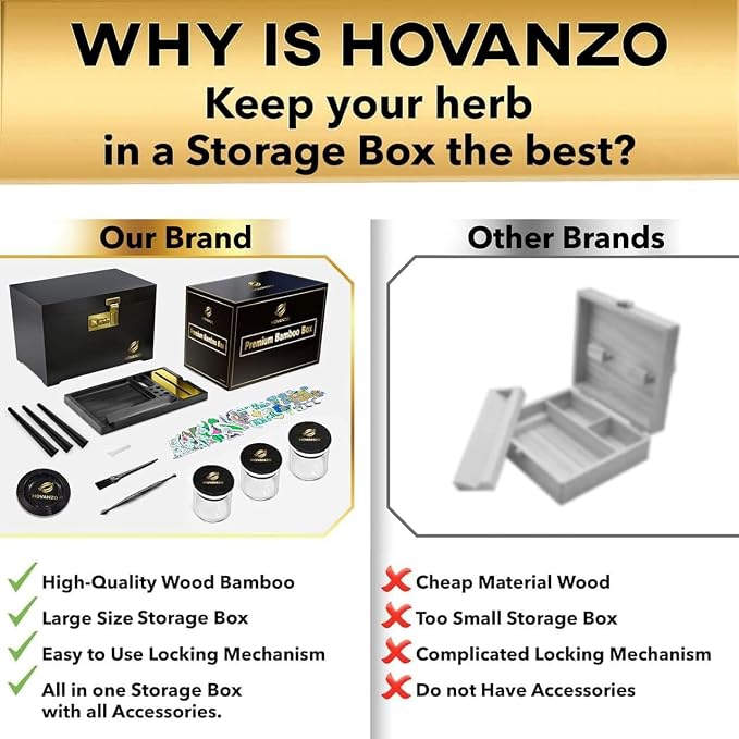 HOVANZO Premium Large Bamboo Storage Box with Removable Tray - Storage Wood Box for Herbs and Accessories - Storage Box Set with Combination Lock - Smell Proof Container with Accessories - Image 2