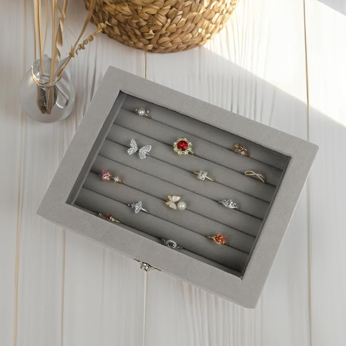 Fordonral Velvet Jewelry Organizer Box, Jewelry Drawer Organizers Trays, Earring Ring Necklace Holder Display Case (Gray, Ring Box) - Image 3