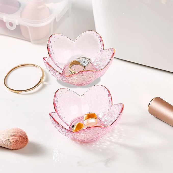 Gifts for Women Trinket Dish Flower Jewelry Dish Pink Glass Ring Holder Jewellery Tray Cute Room Decor Aesthetic Bedroom Accessories Unique Birthday New Home Mothers Day Gifts for Women Friends(2 pcs) - Image 7
