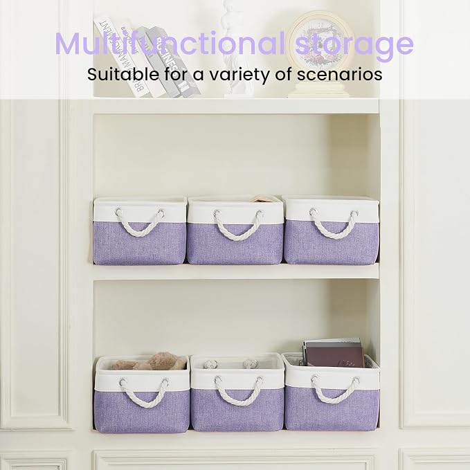 Storage Baskets for Shelves 13.8x9.8x6.7 Inch, Foldable Fabric Storage Bins with Handles, Small Storage Baskets for Organizing Closet, Office, Home Organization (3-Pack, White&Purple) - Image 6