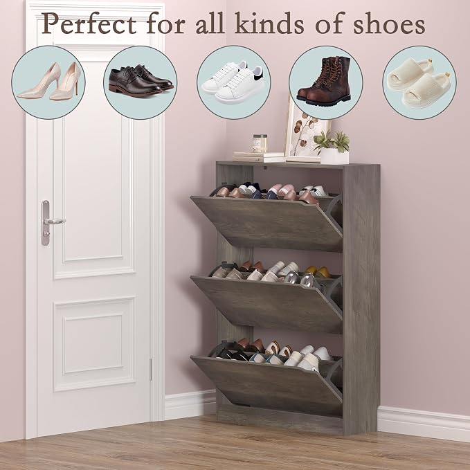 BORNOON Shoe Cabinet with 3 Flip Drawers, Hidden Wood Shoe Cabinet,Freestanding Shoe Storage Cabinet for Entryway Hallway - Image 4