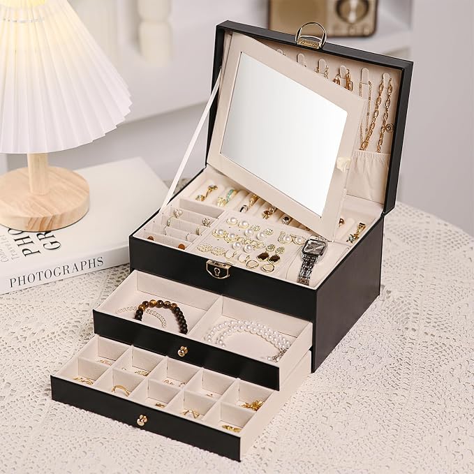 3 Layer Jewelry Boxes for Women with Mirror Large Jewelry Holder Organizer with 2 Jewelry Organizer Drawer PU Lockable Elegant Unique Gifts for Women, Black by Emazerom