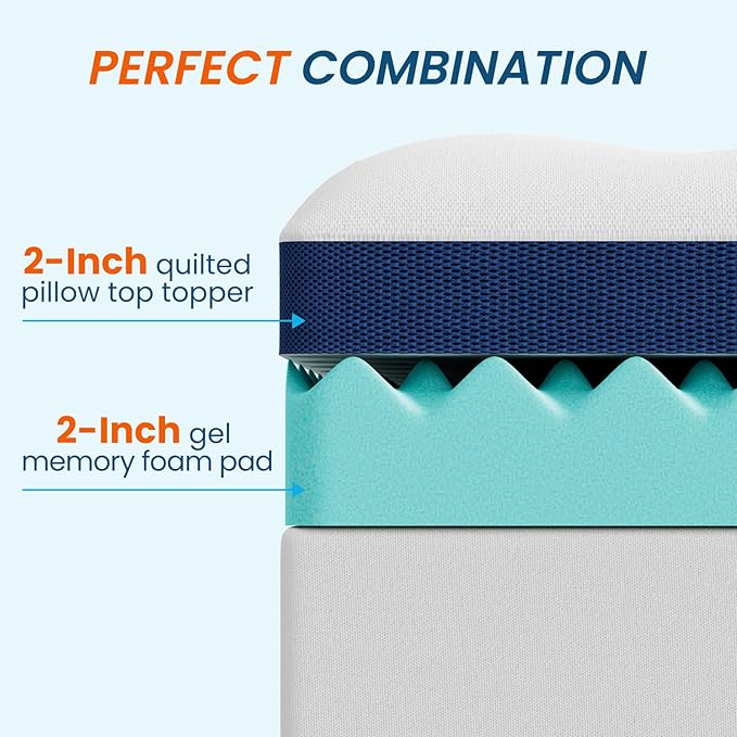4 Inch Dual Layer Memory Foam Mattress Topper - 2 Inch 1000GSM Fluffy Soft Pillow Top Mattress Pad Cover and 2 Inch Egg Crate Cooling Gel Memory Foam for Back Pain Relief,(Twin,39"x75")