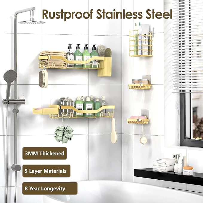 NESOMI Shower Caddy Adhesive Shower Organizer 7-Pack, Rustproof Stainless Steel Bathroom Shelves, Large Capacity No-Drill Rack Storage Accessories with Soap Dish Toothbrush Holder Hooks - Image 5