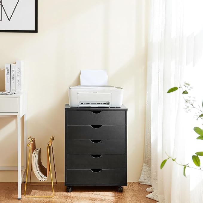 5 Drawer Mobile File Cabinet Under Desk Storage Organization with Wheels Vertical Filing Chest Rolling Wood Small Desk Printer Stand for Home Office, Black - Image 2